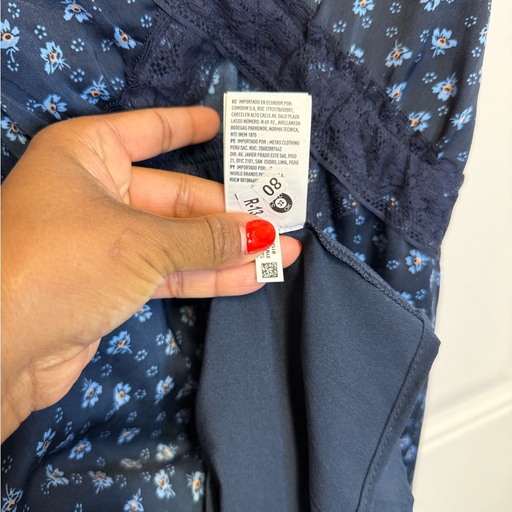 American Eagle Dress Womens Medium Navy Blue Floral Lace Trim Satin Cut Out M - Picture 8 of 9